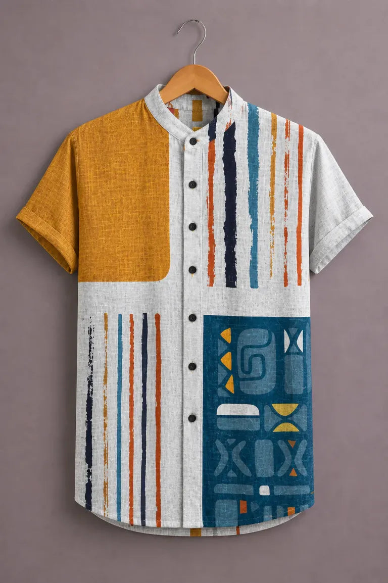 ForeverChoice™ Premium Abstract Patchwork Printed Shirt for Men – Modern Geometric Designer Half Sleeve Casual Shirt