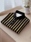Men’s Business Casual Gold and Black Stripe Button Short Sleeve Shirt