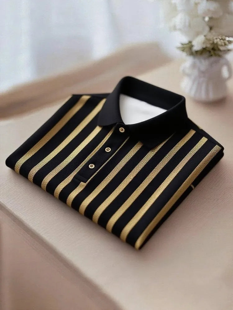 Men’s Business Casual Gold and Black Stripe Button Short Sleeve Shirt