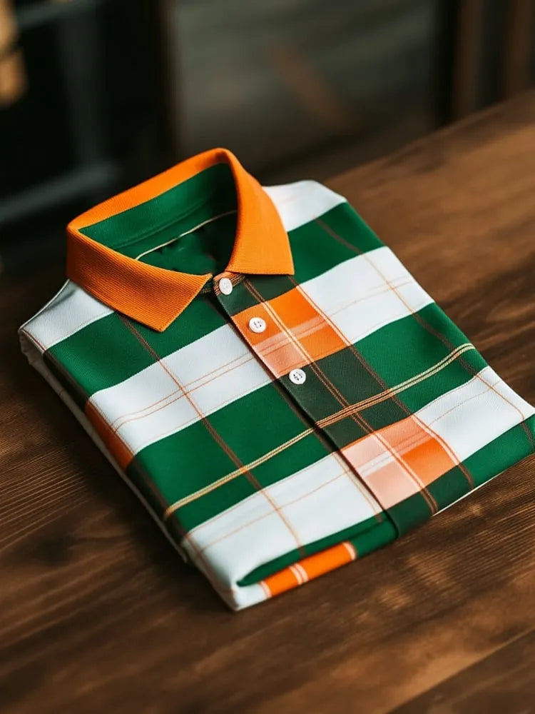 Men’s Business Casual Orange Green Plaid Button Short Sleeve Shirt