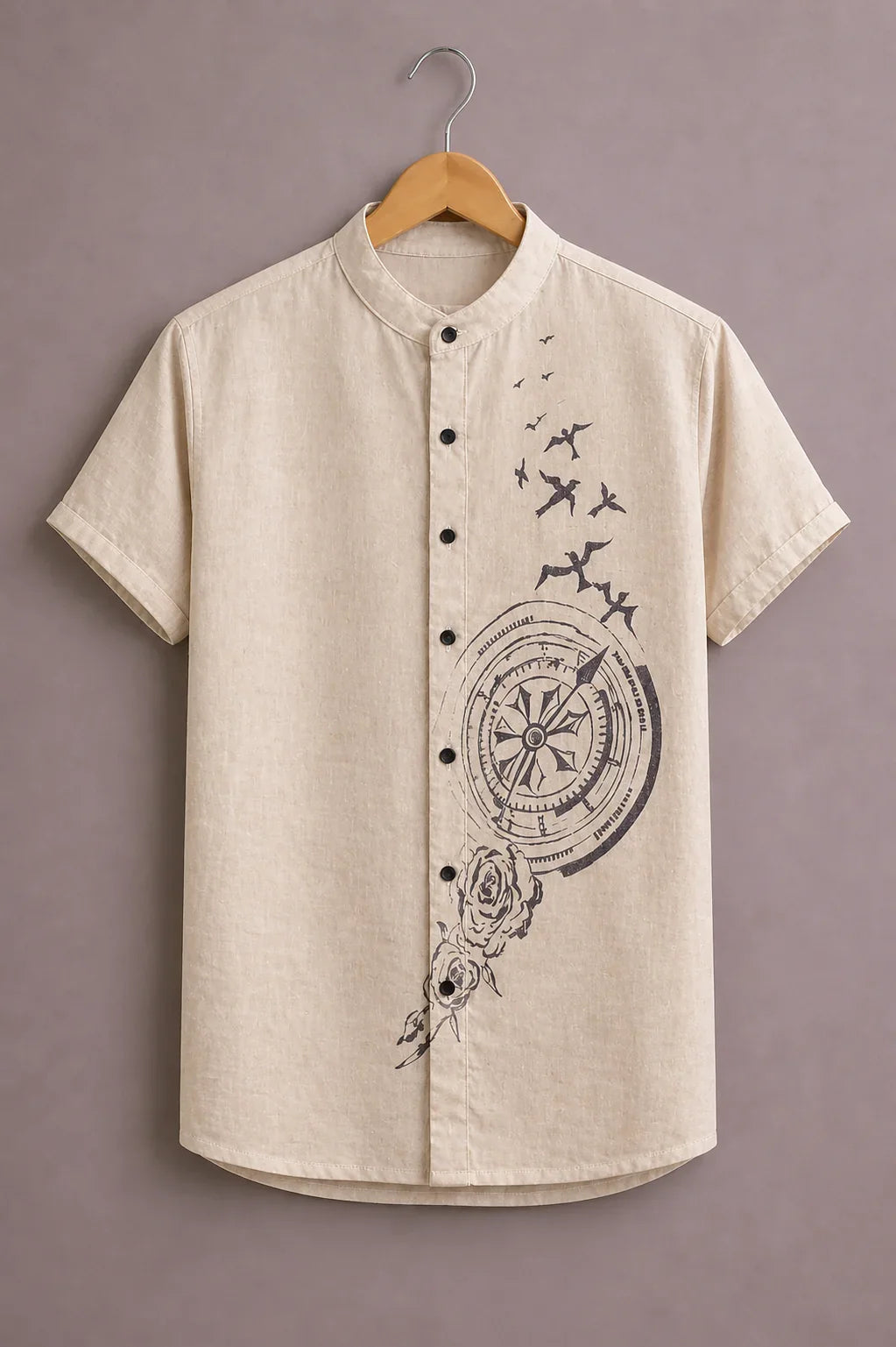 ForeverChoice™ Premium Compass Printed Shirt for Men – Minimal Travel Graphic Half Sleeve Casual Shirt