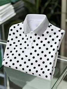 Men’s Classic Business Black and White Polka Dot Logo Button Short Sleeve