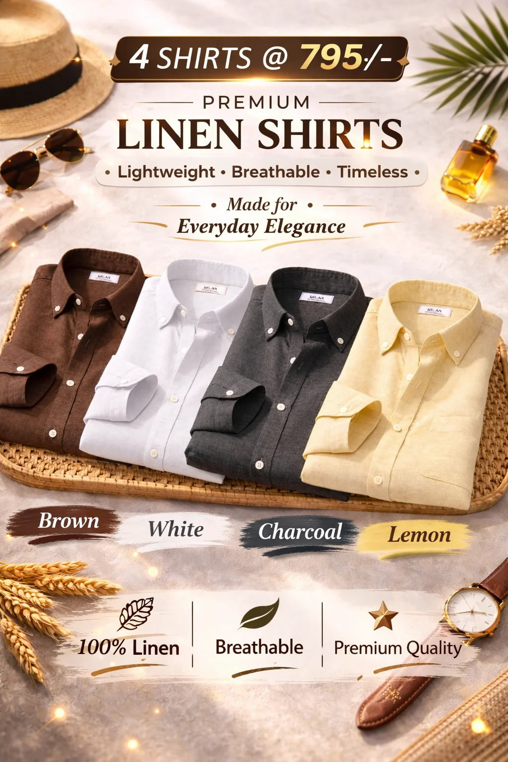 Men's Premium Linen Shirt Combo Set 5 Linen Shirts Combo Pack (4 Shirts)