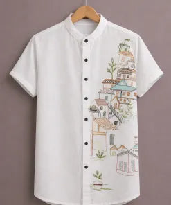 ForeverChoice™ Premium Minimal Printed White Shirt for Men – Artistic Village Design Half Sleeve Casual Shirt