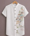 ForeverChoice™ Premium Minimal Printed White Shirt for Men – Artistic Village Design Half Sleeve Casual Shirt