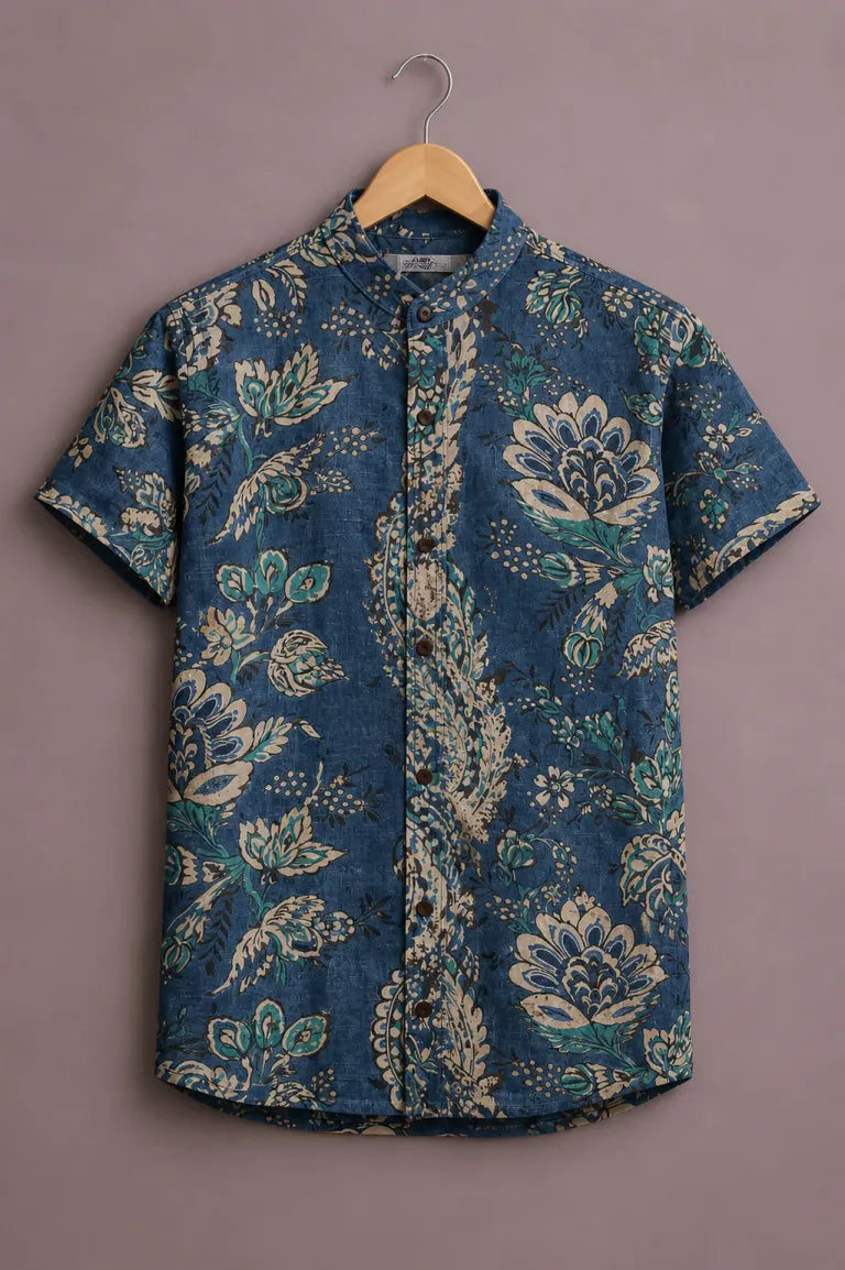 ForeverChoice™ Premium Floral Printed Shirt for Men – Elegant Blue Designer Half Sleeve Casual Shirt
