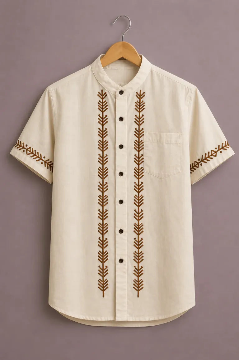 ForeverChoice™ Premium Minimal Embroidery Shirt for Men – Elegant Ethnic Line Designer Half Sleeve Casual Shirt