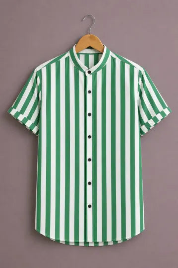 ForeverChoice™ Premium Vertical Stripe Shirt for Men – Green & White Designer Half Sleeve Casual Shirt