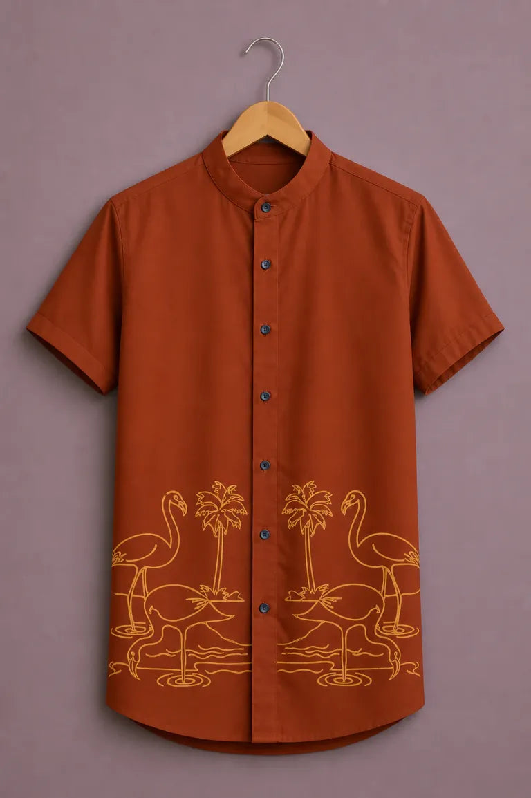 ForeverChoice™ Flamingo Palm Designer Shirt for Men – Rust Brown Premium Casual Half Sleeve Shirt