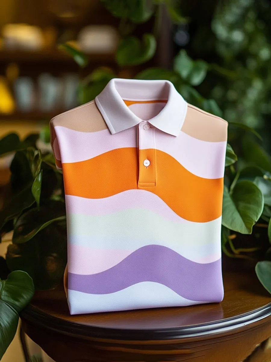 Men’s Classic Business Wave Stripe Logo Button Short Sleeve Shirt