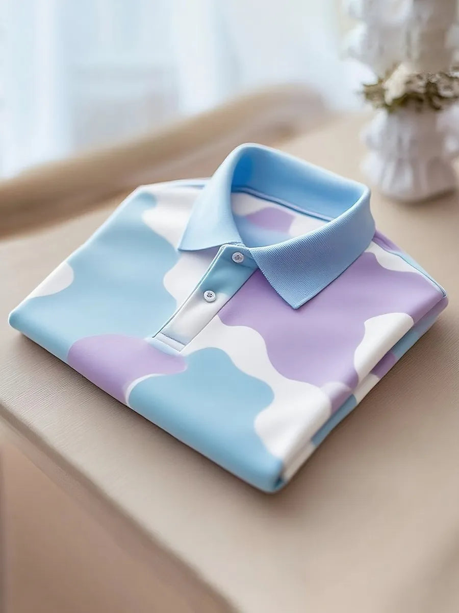 Men’s Classic Business Stripe Logo Button Short Sleeve Shirt